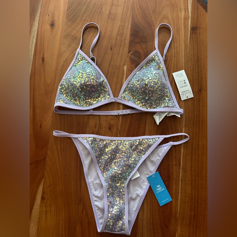 Cup She Lavender Sequin Bikini, Size Large, NWT, Adjustable straps